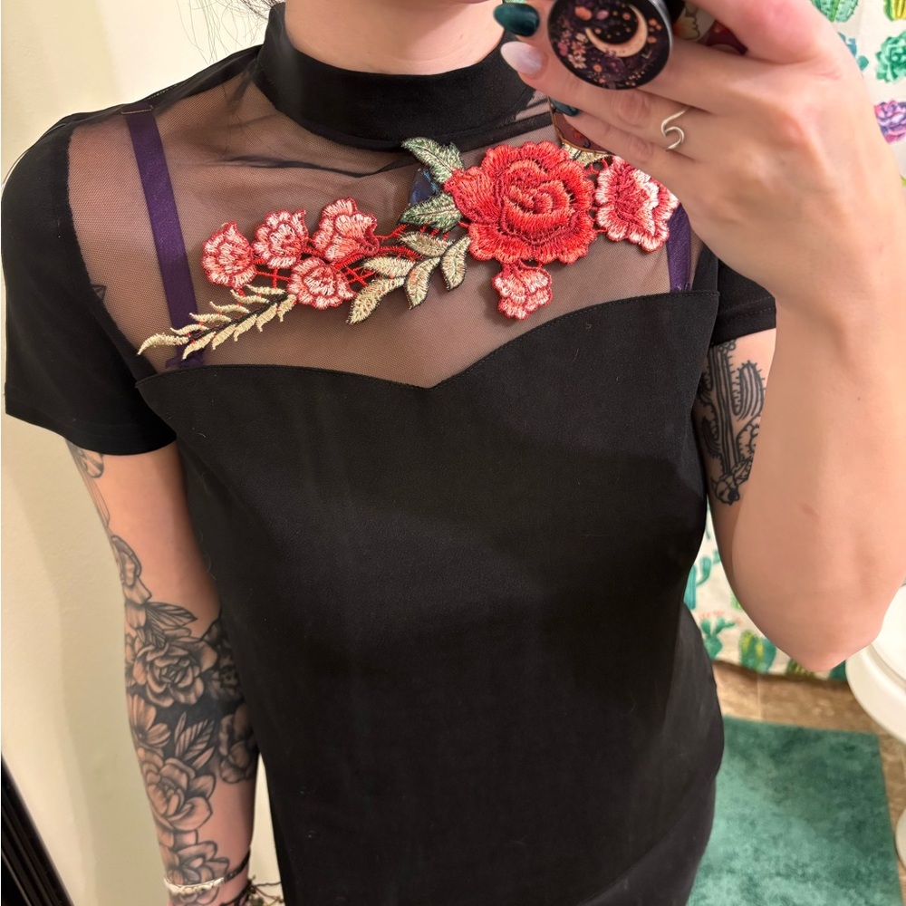 Black Shirt with Red Floral Embroidery